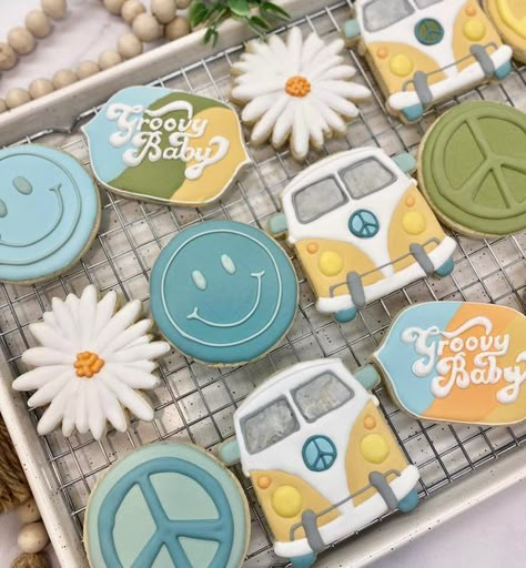 Heart of Sugar Bakery - Kimberly Urch 🍪 on Instagram: "Some baby showers are a little bit more groovy than others. Best wishes to mama and baby! ❤️" Hippy Gender Reveal, Retro Gender Reveal, Hippie Gender Reveal Ideas, Groovy Gender Reveal, Hippy Baby Shower Decor, Groovy Baby Shower Cookies, One Groovy Dude, Groovy Baby Shower Ideas Boy, Two Groovy Boy Birthday