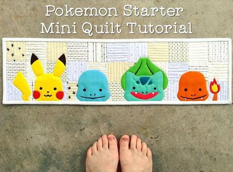 Featuring fan favorite characters like Pikachu, Squirtle, Bulbasaur, and Charmander, the Pokemon Quilt Pattern is a must-make! Pokemon Quilt, Pokemon Starter, Quilt Pictures, Pokemon Starters, Applique Stitches, First Pokemon, Applique Templates, Quilt Tutorial, Quilting Inspiration