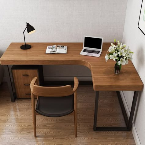 Wooden Work Desk Design, Corner Home Desk, Wooden Desk With Storage, L Shaped Wooden Desk, Contemporary Desks For Home Office, Dark Wood Office Desk, Corner Office Desk Ideas, Desk Layout Office, Home Office Corner Desk Ideas