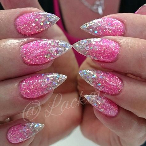 Short Stilleto Nails Glitter, Barbie Pink Glitter Nails, Pink Nails With Silver Glitter, Hot Pink Sparkle Nails, Pink Silver Nails, Hot Pink And Silver Nails, Pink And Silver Nails, Sparkly Gel Nails, Pink Grey Nails