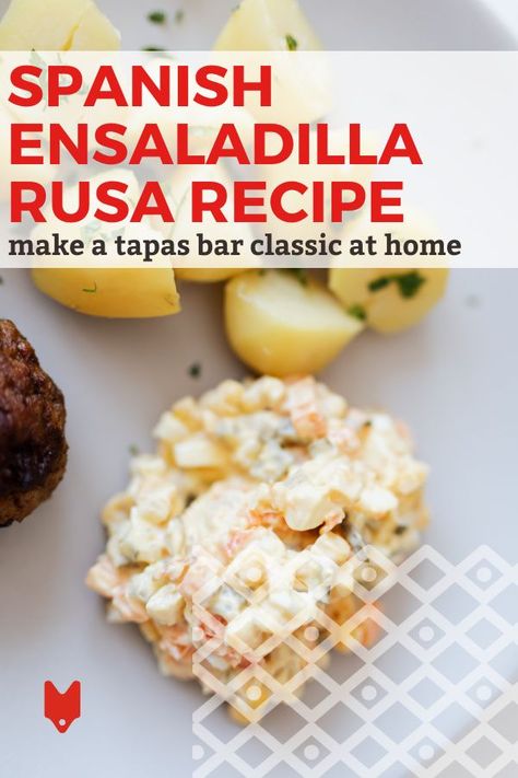 There’s a lot of good food in Sevilla, Spain, but ensaladilla rusa is one of the most popular tapas out there. A staple on menus at bars and restaurants throughout the city, it’s a classic Spanish recipe despite the name translating to Russian Salad (and it is originally indeed Russian!). Try it at home with this simple and delicious recipe. Spanish Salad Recipes, Portugal Recipes, Tapas Spain, Spanish Salad, Russian Salad Recipe, Russian Potato Salad, Spanish Recipe, Homemade Mayonnaise Recipe, Russian Salad