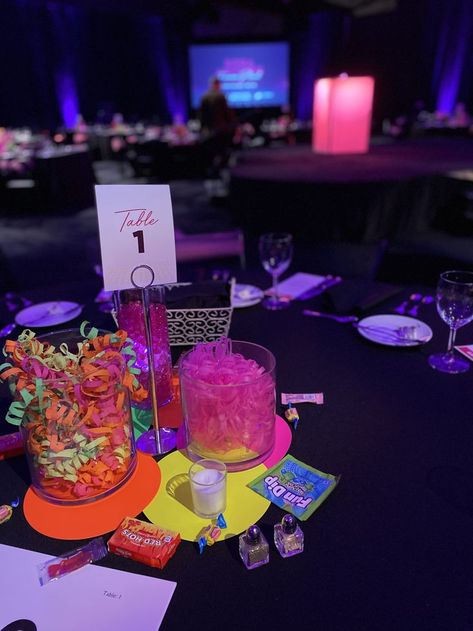 90s Theme Party Table Decor, Retro Party Centerpieces, Neon Party Centerpieces Diy, Colorful Party Centerpieces, Neon Centerpieces Diy, 90s Theme Party Decorations Table Centerpieces, 80s Prom Table Decorations, 1980s Party Centerpiece, 80s Prom Centerpieces