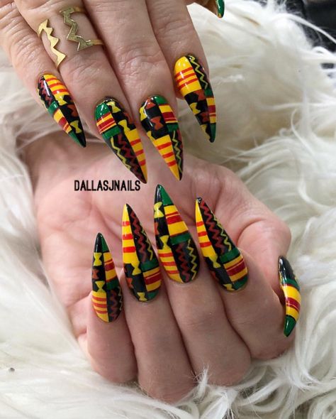 Juneteenth Nail Design, Jamaica Nails, Bedazzled Nails, Wonder Nails, Happy Birthday Queen, J Nails, Acrylic Nails Almond Shape, Oval Shaped Nails, Neon Nail Designs