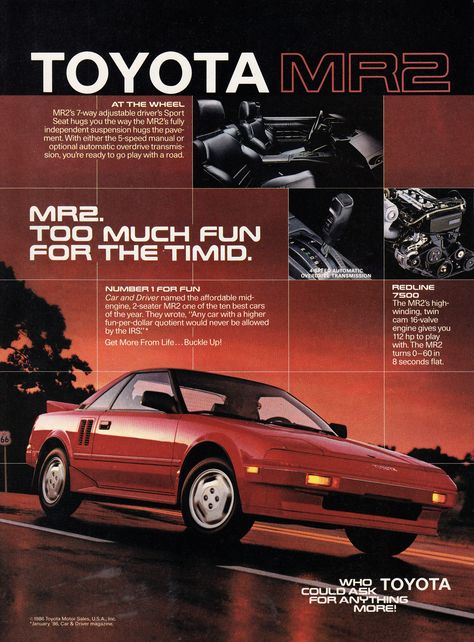 90s Car Adverts, Aw11 Mr2, Toyota Mr2, Car Poster, Initial D, Ae86, Magazine Ad, Car Advertising, Car Magazine