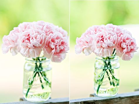 lunch? Carnation Wedding Centerpieces, Pink Babies Breath, Carnations Bouquet, Carnation Centerpieces, Picture Wedding Centerpieces, Carnation Wedding, Valentine Flowers, Pink Mason Jars, Long Tables