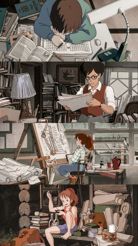 Studio Ghibli Workspace, Studio Ghibli Studying Wallpaper, Ghibli Study Wallpaper, Study Studio Ghibli, Porco Rosso Scenes, Si Tu Tends L’oreille, Ghibli Workspace, Ghibli Life Aesthetic, Studio Ghibli Studying