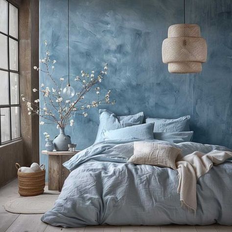 40+ Room Colour Suggestions for Every Mood and Personality • 333+ Art Images Duck Blue Bedroom, Indigo Room Aesthetic, Blue Earthy Bedroom, Dusty Blue Bedroom Ideas, Bedroom Blue Aesthetic, Blue Wall Bedroom Ideas, Blue Cozy Bedroom, Cozy Bedroom Blue, Blue Walls Bedroom