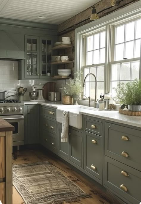 Green Cottage Kitchen, Olive Green Kitchen, Green Kitchen Designs, Sage Green Kitchen, Rustic Kitchen Cabinets, Green Kitchen Cabinets, Modern Kitchen Interiors, Green Cabinets, Kitchen Cabinet Colors