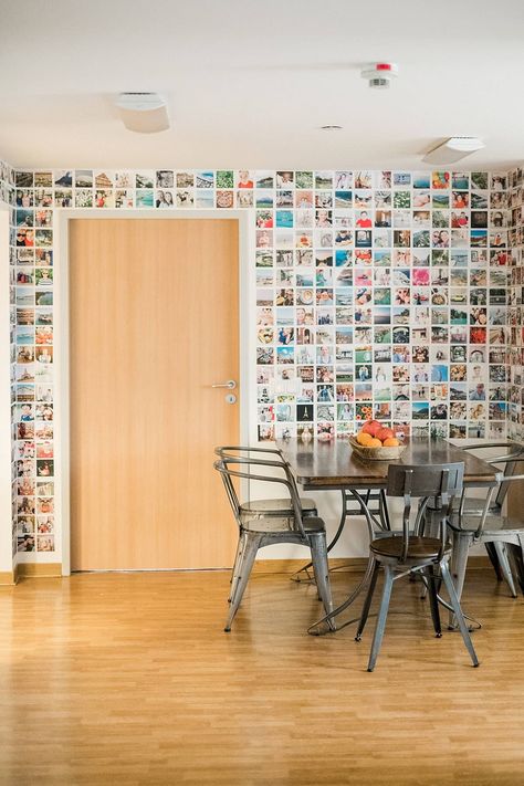 Picture Frames Without Glass Ideas, Cheap Photo Wall, 4x4 Photo Wall, Photo Wall Without Frames, Giant Photo Wall, Family Photos In Dining Room, Diy Mixtiles, Diy Photo Hanging Ideas, Square Picture Frames Wall