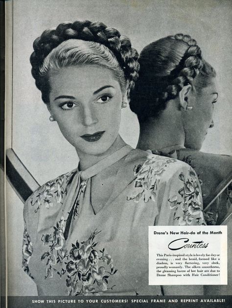 Fashionable Forties: A braided updo. Wish the rest of the pics on this page were still here! 1940 Hairstyles, Making Angels, 1940's Hair, 1930s Hair, Retro Updo, Historical Hairstyles, 40s Hairstyles, Primitive Technology, 1940s Hairstyles