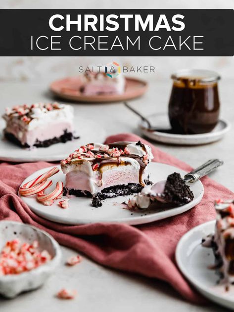 This Christmas Ice Cream Cake is the perfect Christmas dessert! Complete with Oreo crust, peppermint ice cream, whipped cream, chocolate fudge and peppermint candy pieces, this peppermint dessert will be a holiday favorite! Xmas Ice Cream Cake, Peppermint Ice Cream Dessert, Christmas Ice Cream Desserts, Christmas Ice Cream Cake, Gingerbread Dessert, Perfect Christmas Dessert, Peppermint Dessert, Christmas Ice Cream, Cream Fudge