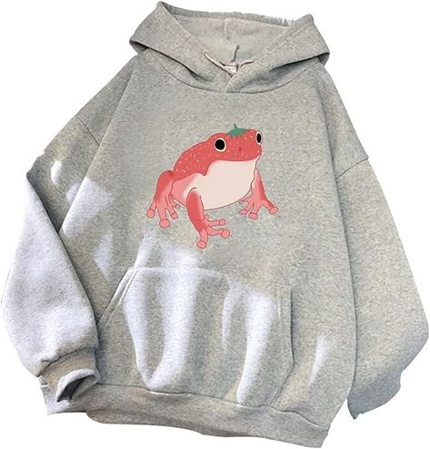 CUTE Strawberry frog hoodie!!! Cute Oversized Hoodies, Strawberry Frog, Frog Hoodie, Frog Print, Harajuku Sweatshirt, Kawaii Clothing, Harajuku Women, Fantasy Dresses, Cute Hoodie