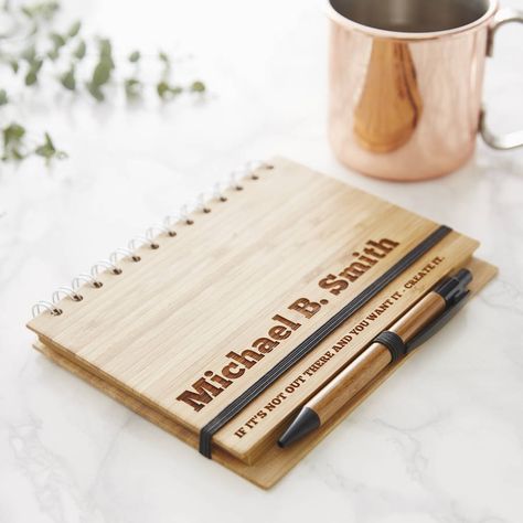 Personalised notebook for him. Great personalised christmas journal for him Wooden Notebooks, Bamboo Pen, Wooden Ruler, Notebook Set, Personalised Badges, Personalized Stationary, Laser Engraved Ideas, Diy Gifts For Him, Stationary Gifts