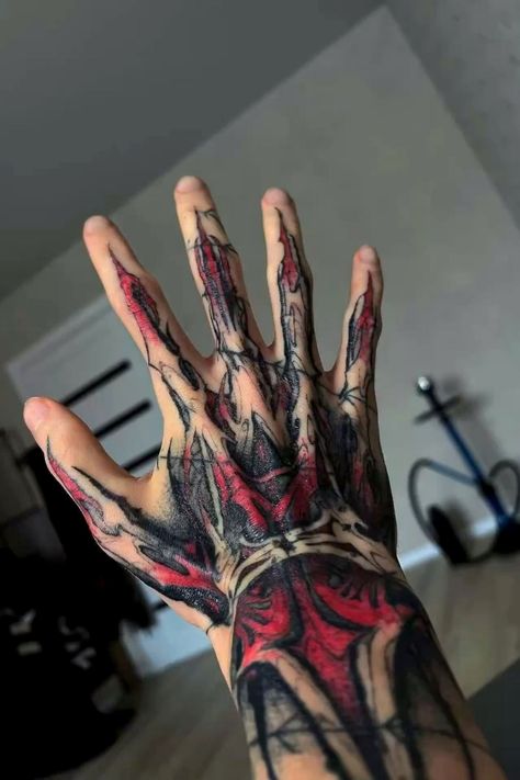 Cool Knuckle Tattoos, Red Tattoos Men, Creepy Hand Tattoos, Simple Tattoos For Guys, Knuckle Tattoos, Wicked Tattoos, Trash Polka Tattoo, Biomechanical Tattoo, Fire Tattoo