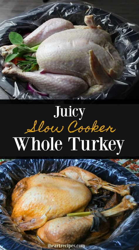 A juicy whole turkey recipe made completely in the slow cooker! No basting, no brining. Use this recipe, and you will have the juiciest turkey EVER! When I was younger my mom always slow cooked her Thanksgiving Turkey. She would prepare the turkey the day before Thanksgiving, and then she would slow cook the whole turkey in the oven overnight. Yup, overnight. She's actually wake up, a couple times to baste the turkey. I'm sorry, but I seriously ain't got time to wake up to baste a... Turkey Slow Cooker, Slow Cooker Whole Turkey, Turkey Crockpot Recipes, Whole Turkey Recipes, Easy Turkey Recipes, I Heart Recipes, Juicy Turkey, Crockpot Turkey, Slow Cooker Turkey