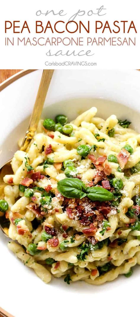 One Pot Pea and Bacon Pasta in Mascarpone Parmesan Sauce - Carlsbad Cravings Mascarpone Recipes Dinner Pasta, Pea Bacon Pasta, Bacon Pasta Recipes, Pasta With Bacon, Gf Pasta, Mascarpone Recipes, Best Thanksgiving Recipes, Carlsbad Cravings, Easter Dinner Recipes