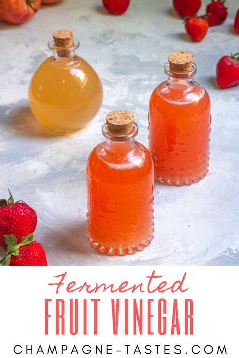 This easy fermented fruit vinegar uses two ingredients: fruit and water. It’s the perfect way to use fruit scraps and overripe fruit to make homemade apple cider vinegar, berry vinegar, and more! Fruit Scraps, Homemade Vinegar, Fermented Fruit, Homemade Apple Cider Vinegar, Fruit Vinegar, Strawberry Vinegar, Flavored Vinegars, Infused Vinegars, Homemade Apple Cider