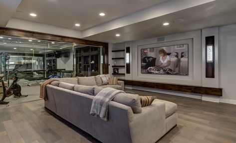 Basement Theater, Home Theater Basement, Transitional Basement, Transitional Family Room, Basement Home Theater, Basement Home, Basement Gym, Modern Basement, Basement Windows