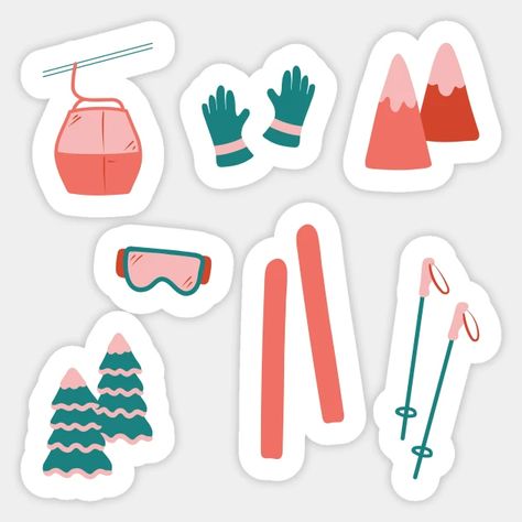 Ski Stickers Design, Ski Stickers, Skiing Illustration, Ski Essentials, Ski Illustration, Sticker Luggage, Ski Shoes, Printable Props, Icon Ideas