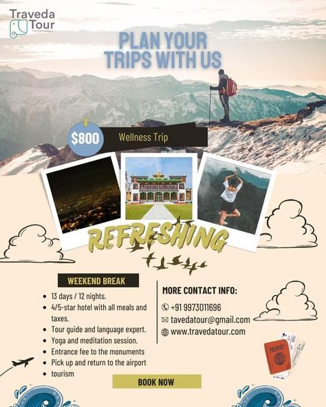 Your retreat and wellness tour package includes a comprehensive wellness program, fresh-air activities, customized itinerary and charming accommodations. We Can Plan A Peaceful Trip For You" .Pilgrimage .Heritage .Wellness Retreat wa.me/9973011696 Visit For More- https://tinyurl.com/tbjjredx #travel #Travelgram #traveling #Travelphotography #travelingram #traveltheworld #travelblog #traveladdict #traveldiaries #travelmore #wellness #tour #travels #mindbodyspirit #healing Air Activities, Wellness Retreat, Wellness Travel, Weekend Breaks, Wellness Programs, Mind Body Spirit, Tour Packages, 5 Star Hotels, Plan A