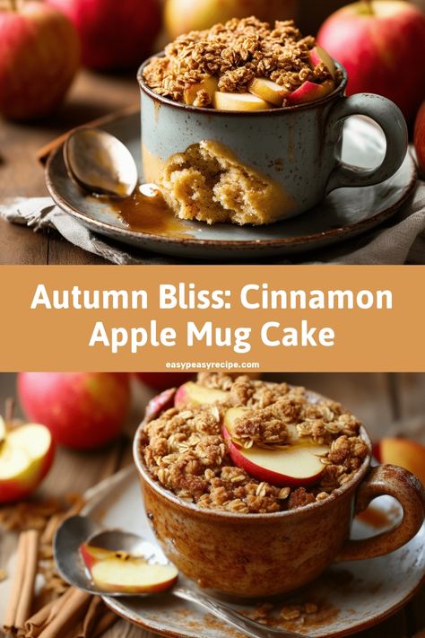 A delicious cinnamon apple crisp mug cake topped with oats and fresh apple slices in a rustic mug. Fall Mug Cake, Apple Crisp In A Mug, Apple Mug Cake, Cinnamon Desserts, Oatmeal Toppings, Cinnamon Breakfast, Easy Zucchini Recipes, Pot Recipes Healthy, Comfort Desserts