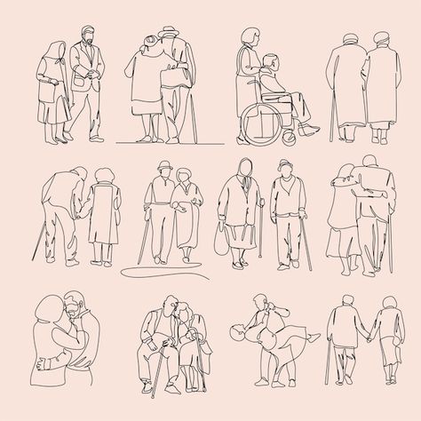 Drawing Of Old Couple, Growing Old Together Drawing, Elderly Couple Drawing, Old Couple Tattoo, Drawing Of Grandparents, Drawing Ideas For Grandparents, Line Art Drawings People, Old Couple Doodle, Drawings For Grandparents