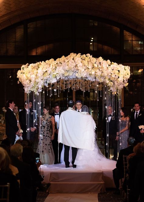 wedding ceremony acrylic lucite chuppah cascading crystals white ivory orchid hydrangea flowers Chuppah Flowers, Jewish Wedding Traditions, Church Aisle, Wedding Chuppah, Jewish Wedding Ceremony, Inside Weddings, Wedding Altars, Wedding Inside, Jewish Wedding