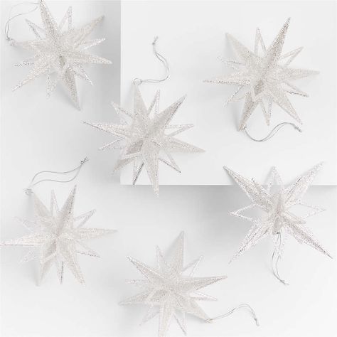 Radiant Silver Glitter Star Christmas Tree Ornaments, Set of 6 | Crate & Barrel Pickle Ornament, Gift Wrapping Station, Star Christmas Tree, Classic Christmas Tree, Acrylic Set, Star Christmas, Crate Barrel, Xmas Tree Decorations, Christmas Tablescapes