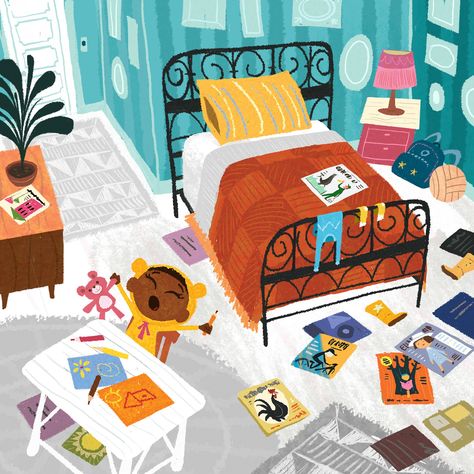 Space Kids Room, Bedroom Illustration, Room Illustration, Bedroom Drawing, Illustration Art Kids, Picture Books Illustration, Childrens Books Illustrations, Book Illustration Art, Interior Illustration