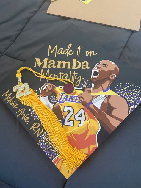 Kobe “Made it on Mamba Mentality” Graduation Cap Idea Graduation Cap Designs High School Guys, Cap Decoration Graduation Men, Male Graduation Cap Designs, Basketball Graduation Cap Ideas, Men Graduation Cap Ideas, Sports Graduation Cap, Cap Decoration Graduation Boys, Graduation Cap Designs For Men, Decorated Caps For Graduation Boys