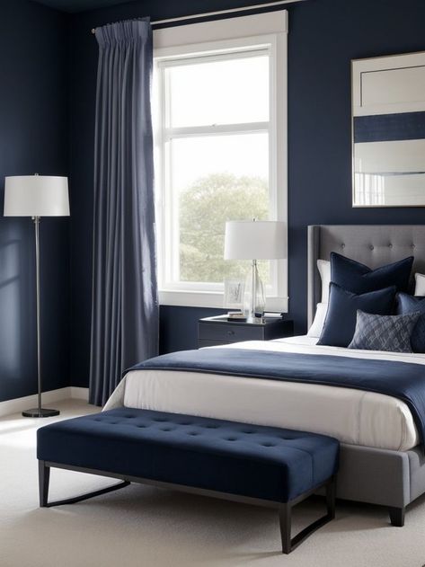 Grey Bedroom Accent Wall, Dark Blue Grey Bedroom, Dark Blue Accent Wall, Blue Grey Bedroom, Bedroom Accent Wall Ideas, Blue Accent Wall, Bedroom Accent Wall, Blue Gray Bedroom, Accent Wall Ideas