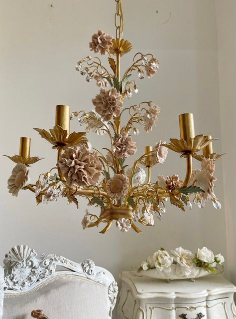 Italian hand forged wrought iron 6 lights gold leaf chandelier porcelain flowers Floral Chandeliers, Provincial Decor, Leaf Chandelier, Lights Chandelier, Flower Bedroom, Flower Chandelier, Statement Chandeliers, Floral Chandelier, Small Chandelier