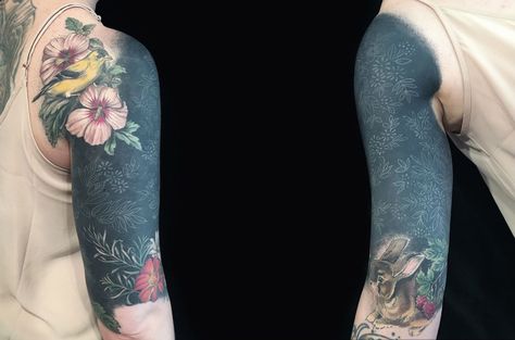 white ink on black tattoo White Ink Tattoo On Black Ink, White On Black Tattoo Healed, White Ink Tattoos Healed, White On Black Tattoo, White Over Black Tattoo, Blackout Sleeve, Tattoo Hd, Esther Garcia, Phönix Tattoo