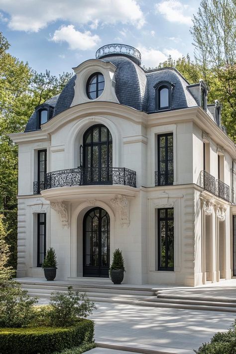 Modern french mansion with round facade and dome roof. Let’s reveal the charming features, quirky details, and luxurious elegance of French mansions. Modern Chateau House, Modern French Country House Exterior, French Mansion Interior, Modern French Mansion, Small French Chateau, Old Money Interior Design, Modern Chateau, Old Money Interior, Italian Mansion