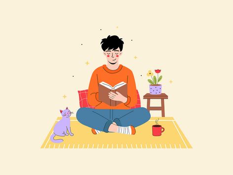 Free Young Man Reading With His Cat Illustration by Duckleap on Dribbble Rain Illustration, Road Trip With Dog, Man Reading, Easter Illustration, School Illustration, Cute Polar Bear, Study Techniques, Autumn Illustration, Coffee Illustration