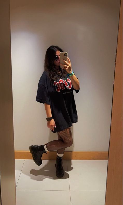 Graphic Tee And Tights Outfit, Oversized Shirt And Stockings Outfit, Tshirt Dress With Tights Outfit, Big T Shirt And Boots Outfit, Oversized Tee And Tights, Big Shirt And Tights Outfit, Oversized Shirt And Tights Outfit, Tights And Doc Martens Outfit, Shorts With Tights Outfit