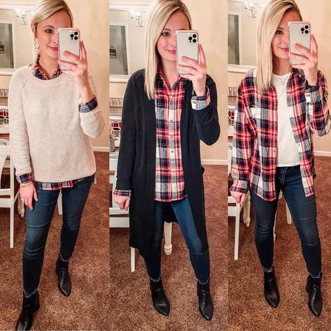 What is your favorite way to wear a flannel?? I love mixing it up! This oversized flannel boyfriend tunic from @oldnavy is the 💣.com!! They… Sweater And Flannel Outfits, Fall Flannel Outfits Casual, How To Wear A Flannel, Ways To Wear A Flannel, How To Style A Flannel, Oversized Flannel Outfits, Styling A Flannel, Casual Teacher Outfit, Flannel Outfits Fall