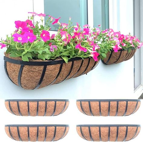 Fence Planters for Outdoor Plants - 24 inch, 4 Pack Window Boxes Planters to Attach to House, Wall Mounted Flower Baskets Outside, Deck Planters Outdoor Railing Balcony Garden Fence Porch Patio Rail Railing Planter Boxes, Metal Window Boxes, Deck Railing Planters, Wall Planters Outdoor, Horse Trough, Patio Railing, Deck Planters, Metal Wall Planters, Fence Planters