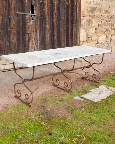 Large Antique Wrought Iron Garden Dining Table With Marble Top | Vinterior Dining Table With Marble Top, Wrought Iron Scrollwork, Wrought Iron Dining Table, Wrought Iron Patio Set, French Dining Tables, Table With Marble Top, Italy House, Outdoor Dining Tables, Table With Marble