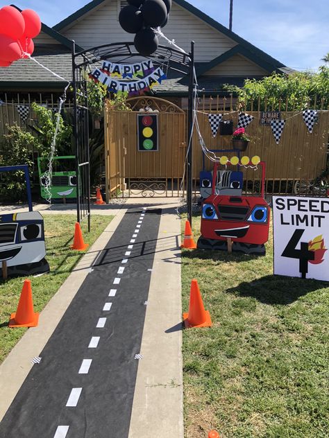 Outdoor Cars Birthday Party, Car And Truck Theme Birthday Party, Blaze Birthday Decorations, Blaze Theme Birthday Party, 4 Wheeling Birthday Party, Garage Birthday Party Ideas Kids, Racetrack Birthday Party Ideas, Vehicle Themed 2nd Birthday Party, Automobile Birthday Party