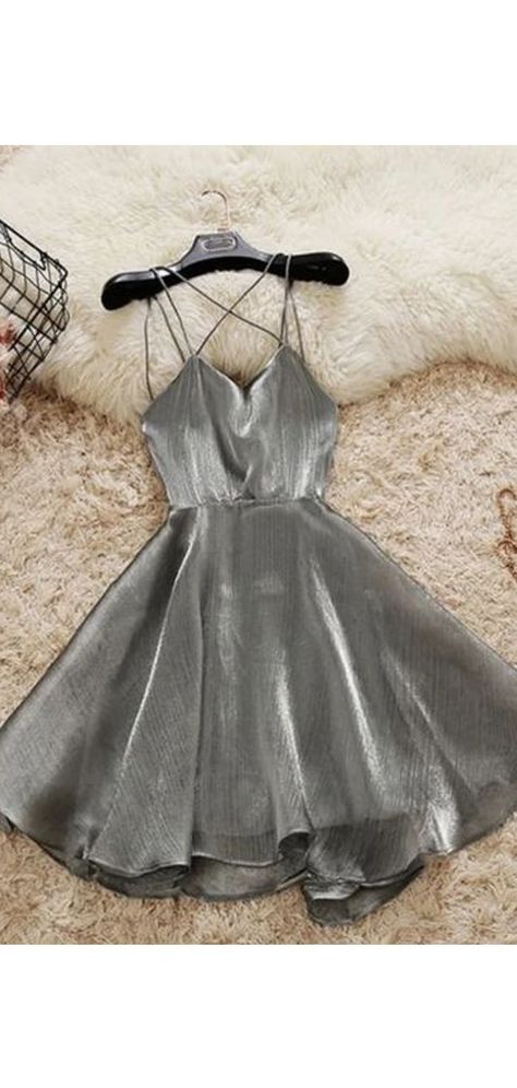 Grey Spaghetti Strap Dress, Grey Dress Short Tight, Grey Hoco Dress, Silver Dress Aesthetic, Quince Outfit, Forest Quinceanera, Short One Piece Dress, Dress Short Tight, Gray Formal Dress