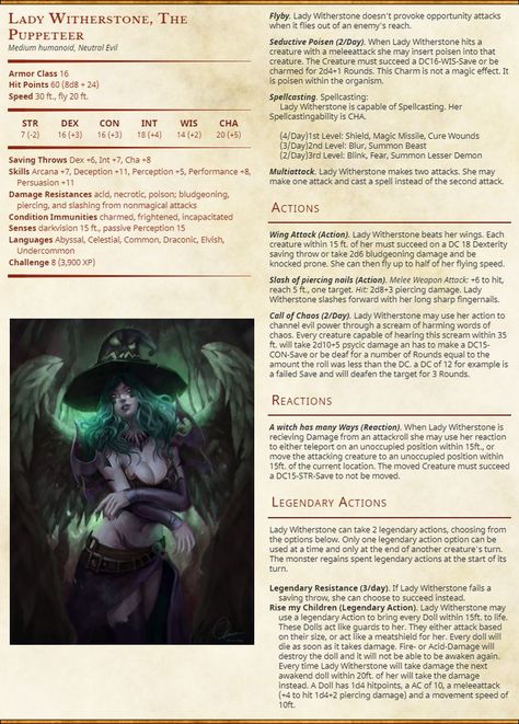 Dnd Witch Stat Block, Warlock Stat Block, Disney Dungeons And Dragons, Dnd Vampire, Dnd Enemies, Warlock Dnd, Dnd Monster, Dungeons And Dragons Races, Dnd Stats