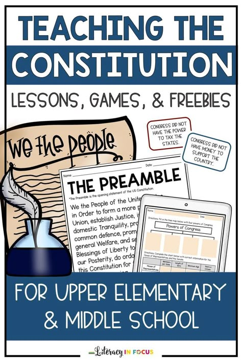 Civics Activities For Middle School, Constitution For Kids, Civics Classroom, Constitution Activities, Upper Elementary Social Studies, Civics Lessons, Government Lessons, History Printables, Teaching Government