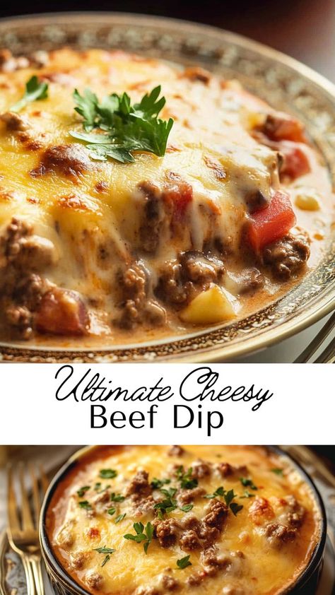 This cheesy beef dip combines tender ground beef, gooey cheese, and bold spices into one irresistible appetizer. Perfect for game days, parties, or as a hearty snack, this dip is quick to whip up and always a crowd favorite. Serve with chips or veggies for the ultimate pairing. Cheese And Ground Beef Dip, Chip Dip With Ground Beef, Cheesy Beef Dip, Chip Beef Dip Recipe, Brisket Dip Recipes, Ground Beef Appetizer Recipes, Dips With Ground Beef, Appetizers With Ground Beef, Cheesy Hamburger Dip