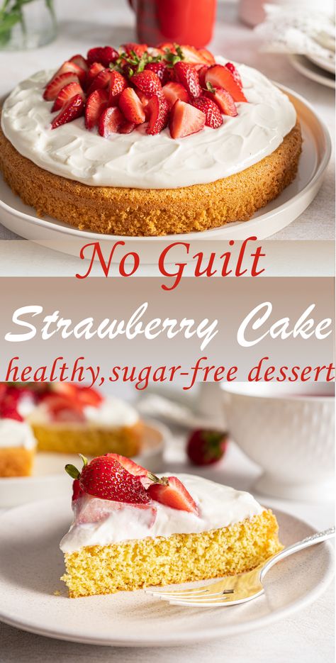 This Strawberry Cake is seriously NO GUILT dessert! It’s a combination of the best and wholesome ingredients. Plus, it’s super easy to make recipe. #cake #healthycake #strawberrycake #strawberrycakerecipes #strawberrydessert #healthydessertrecipes #weightlossdesserts #sugarfree #strawberryrecipes #easycakerecipes #fitdiary Heart Healthy Cake Recipes, Strawberry Protein Cake, Easy Healthy Strawberry Desserts, Easy Strawberry Desserts Healthy, Healthy Cake Recipes Clean Eating, Healthy Strawberry Cheesecake Recipes, Low Sugar Cake, Healthy Strawberry Cake Clean Eating, Healthy Strawberry Cake