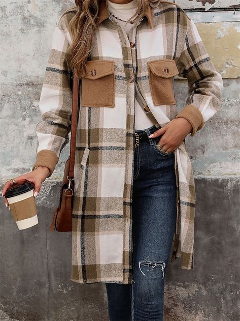 Dirndl Outfit, Plaid Shacket, Bandeau Tops, Plaid Cardigan, Pockets Fashion, Outwear Women, Patchwork Jacket, Plaid Coat, Outwear Jackets