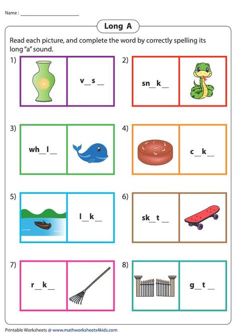 Writing long "a" sound with "a_e" is so common place that in nearly every sentence we speak, we find instances of this. In this printable, look at the pictures and fill in the missing "a_e" in their names. #worksheets #englishworksheets #scienceworksheet #printable #preschool #homeschooling #educationalresources #learningmaterials Long A Worksheets, Long A Words, Long A Sound, Preschool Homeschooling, Ela Worksheets, Phonics Posters, Spelling Worksheets, A Words, Long Vowel