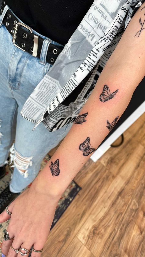 Butterfly Down Arm Tattoo, Butterfly Tattoo Small Arm, Small Butterfly Tattoo Forearm For Women, Butterfly Forearm Tattoo Half Sleeves, Arm Butterflies Tattoo, Tattoo Of Butterflies, Butterfly Tattoos On Forearm, Healed Butterfly Tattoo, Arm Tattoos With Butterflies