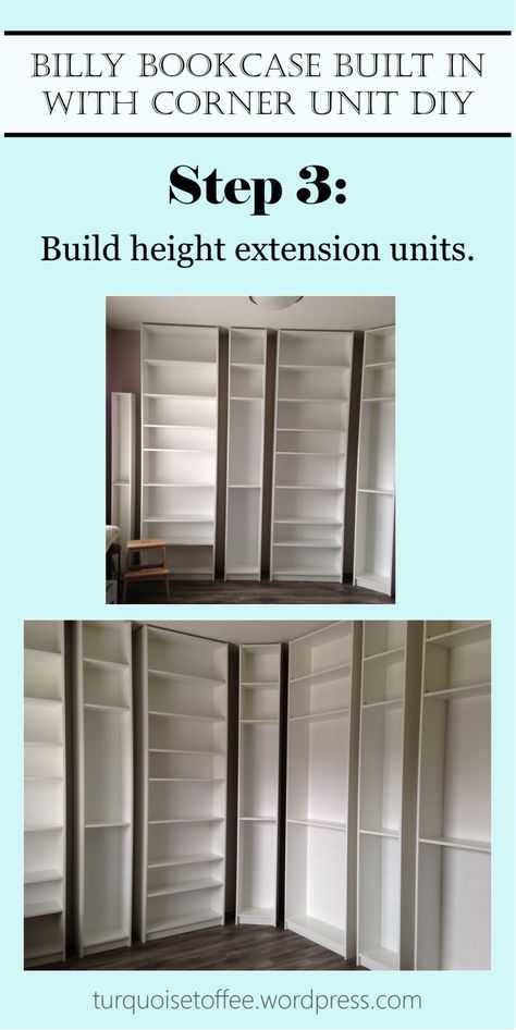 Billy Bookcase Built-In with Corner Unit DIY: Our Library Reveal – turquoise toffee Corner Bookcase Diy, Diy Corner Bookshelf, Bookshelf Ikea, Loft Library, Bedroom Shelving, Foyer Room, Diy Bookcase, Billy Bookcase Hack, Home Library Rooms