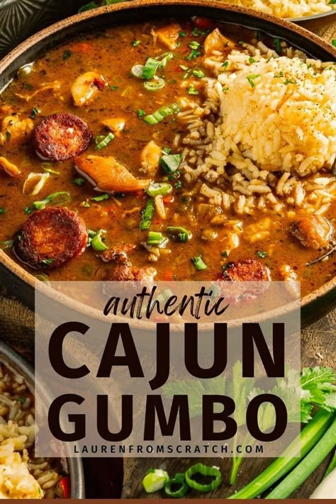 Want to cook up some Cajun comfort? This chicken and sausage gumbo recipe is as authentic as it gets. You'll learn about the right spices, how to get a perfect dark roux, and tips for the perfect gumbo every time. It's a delicious southern comfort food. See more Louisiana recipes at LaurenFromScratch.com. Justin Wilson Gumbo Recipe, New Orleans Gumbo Recipe Authentic, Creamy Gumbo Recipe, Gumbo Recipe Easy Crock Pot, Emeril Lagasse Gumbo Recipe, Gumbo Base Recipes, Chicken Legs Stew, Classic Southern Dinner Recipes, How To Make Roux For Gumbo